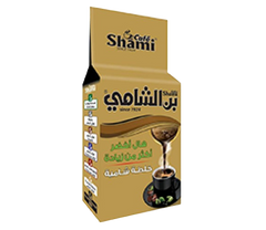 Shami Turkish Coffee 200g with green cardamom in Shami Cafe packaging, showcasing the vibrant coffee blend and fresh green cardamom pods.