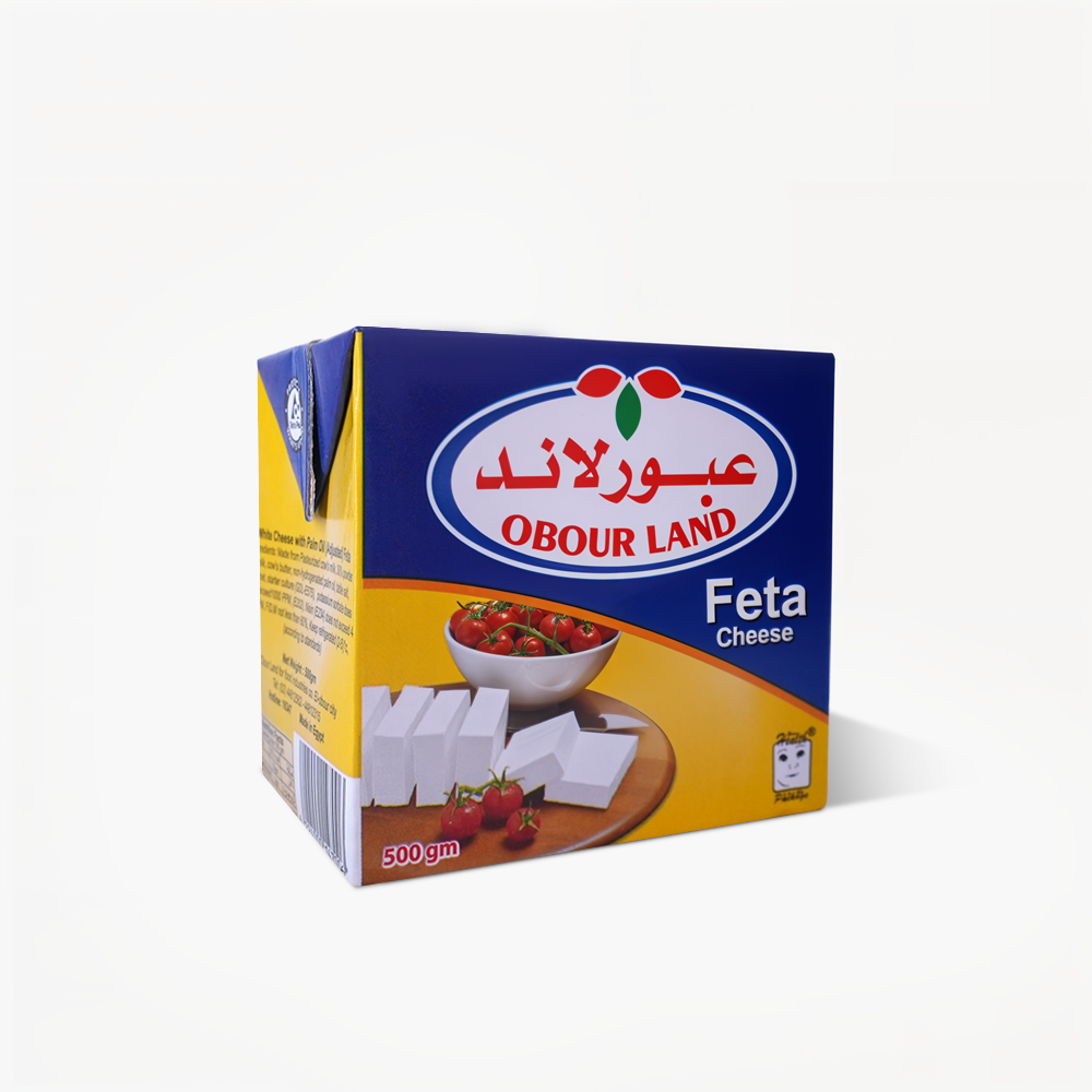 Obour Land Feta Cheese 500g block, creamy white cheese with crumbled texture, on a white background.