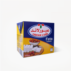 Obour Land Feta Cheese 500g block, creamy white cheese with crumbled texture, on a white background.
