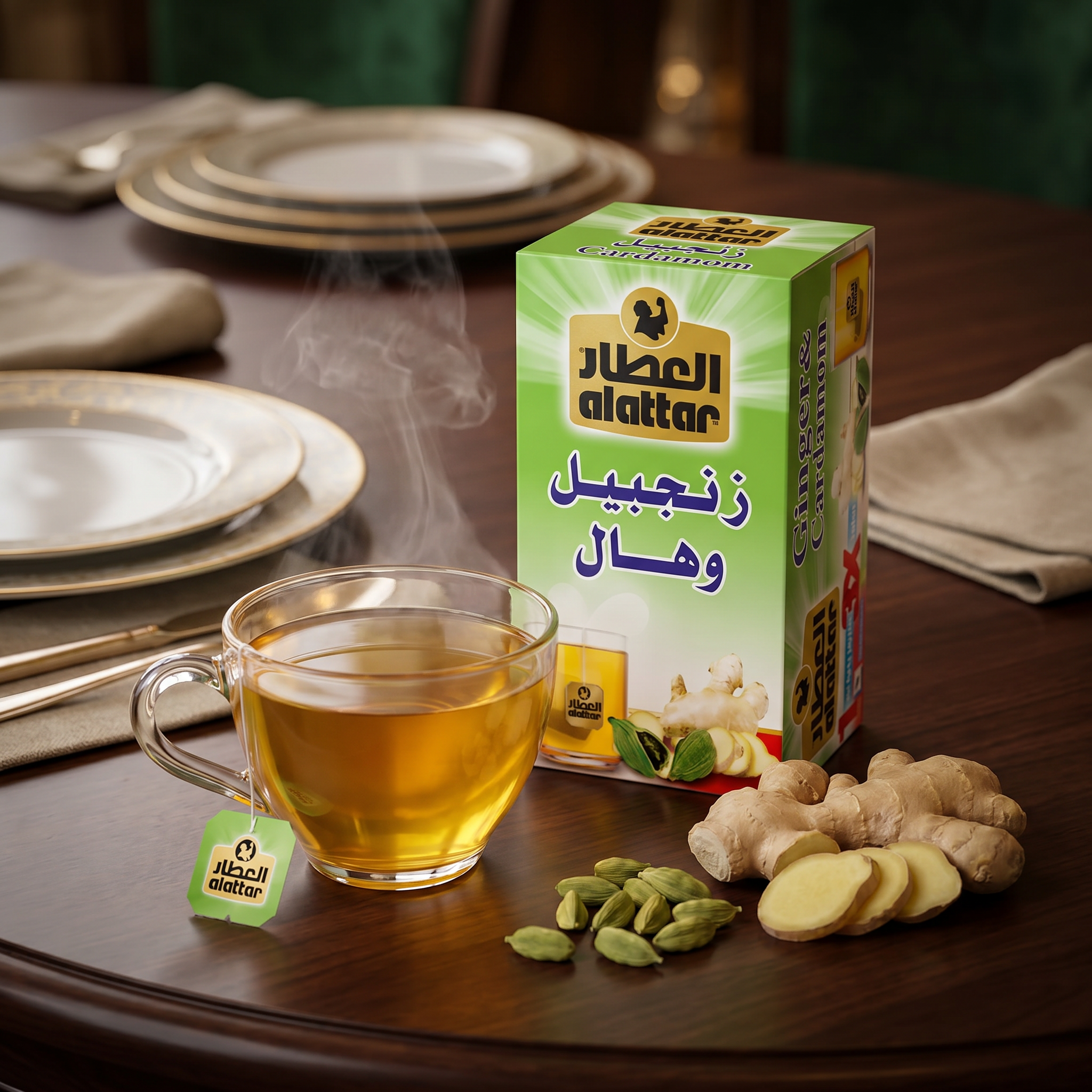 AlAttar Ginger & Cardamom herbal tea bags, 20-count, showing a box of aromatic spice-infused tea blend for strength and herbal benefits.