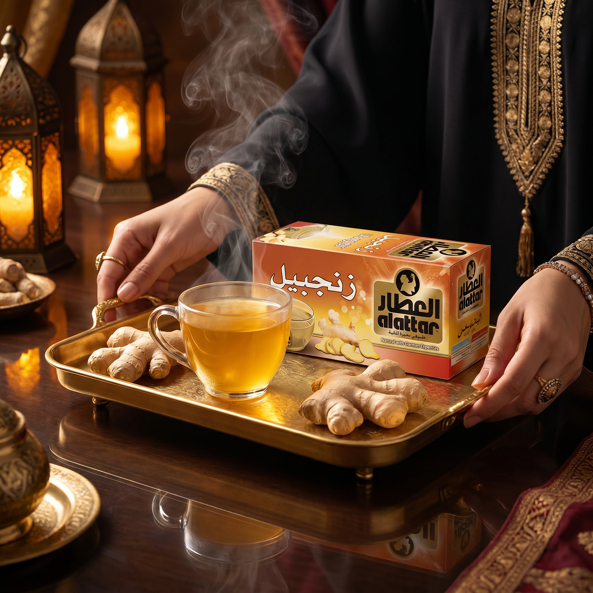 AlAttar Ginger Herbal Tea box with 20 bags, featuring natural ginger wellness ingredients in a colorful packaging.