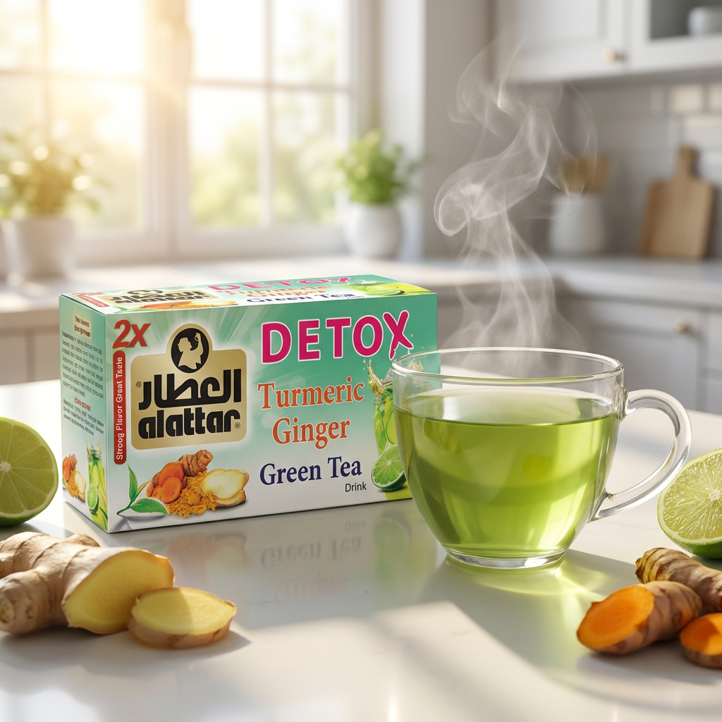AlAttar Detox Turmeric Ginger Green Tea in 20 tea bags, featuring bright yellow turmeric, fresh ginger slices, and green tea leaves.