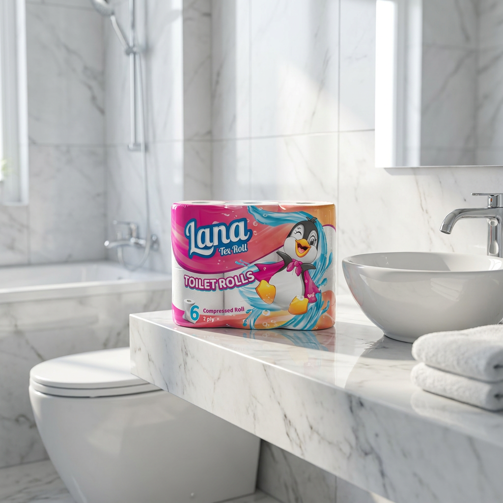Lana Tex Roll toilet paper 6-pack with 3-ply compressed rolls for home use, showing soft, white, and neatly stacked toilet paper.