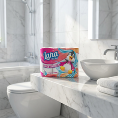 Lana Tex Roll toilet paper 6-pack with 3-ply compressed rolls for home use, showing soft, white, and neatly stacked toilet paper.