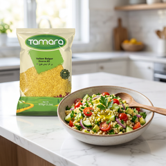 Tamara Yellow Bulgur Coarse #3 in 2lb bag, authentic Mediterranean grain with yellow, coarse bulgur texture.