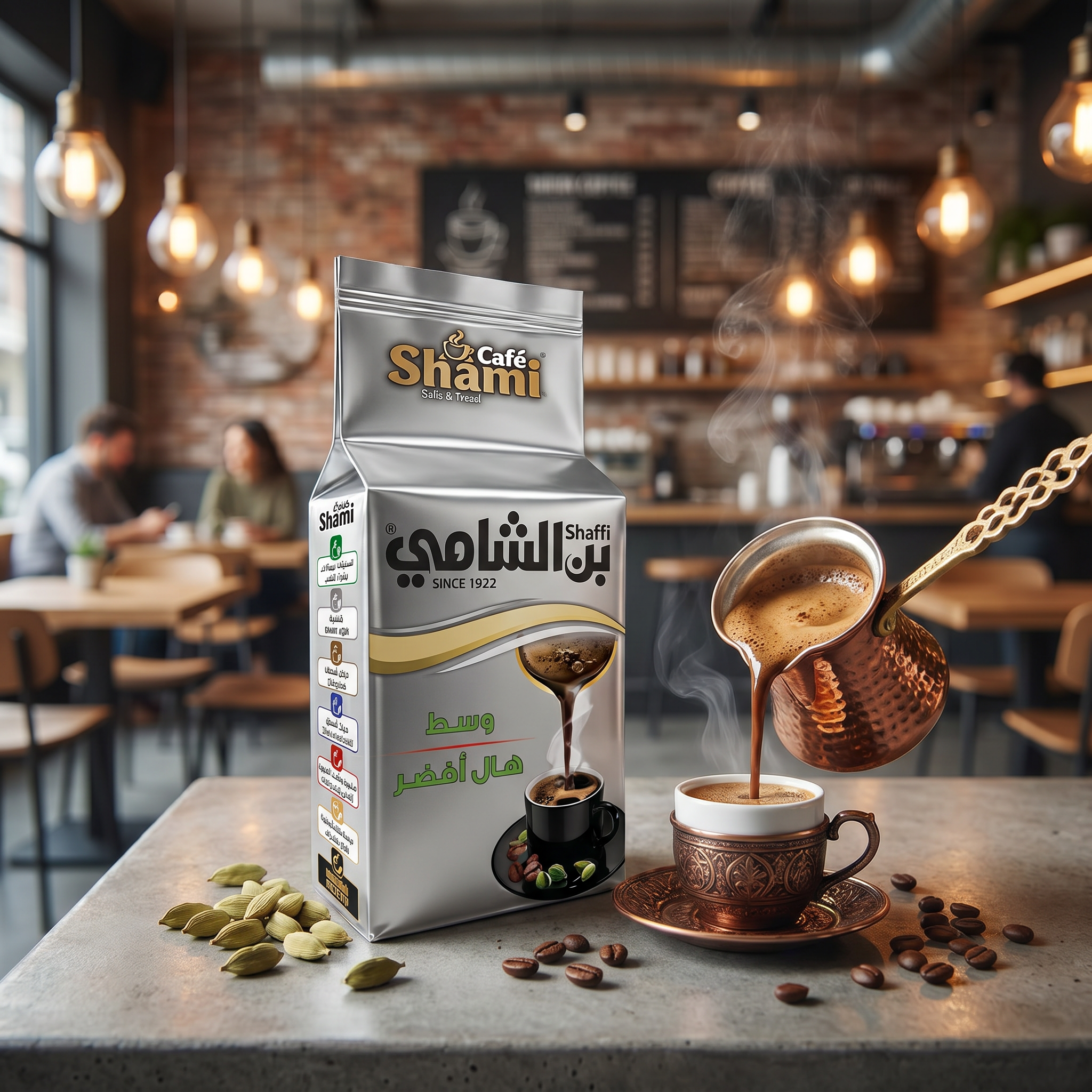 Shami Cafe Café Shami Turkish Coffee Medium Roast with Green Cardamom, 200g, in a jar showing coffee and cardamom grains.