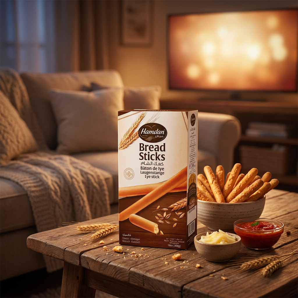 Hamdan Classic Bread Sticks 400g crispy lye sticks for dipping, shown in the image with golden-brown, crunchy texture.