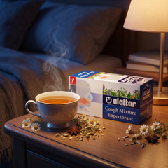 AlAttar Herbal Cough Mixture box with 20 bags, expectorant for throat relief, featuring herbal ingredients and packaging.