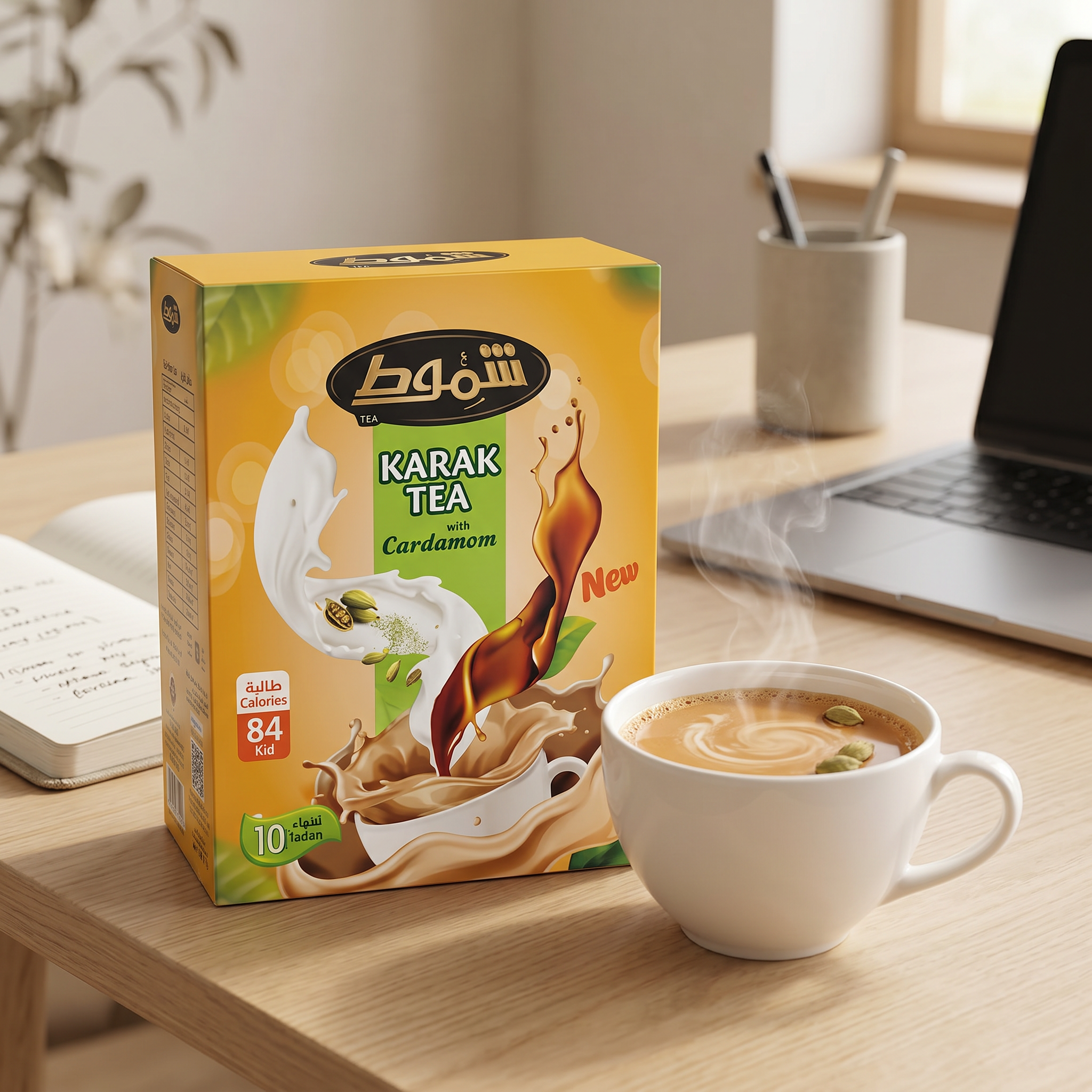 Shammout Karak Tea sticks with cardamom and instant milk tea, showing 10 individual tea sticks in a colorful package.