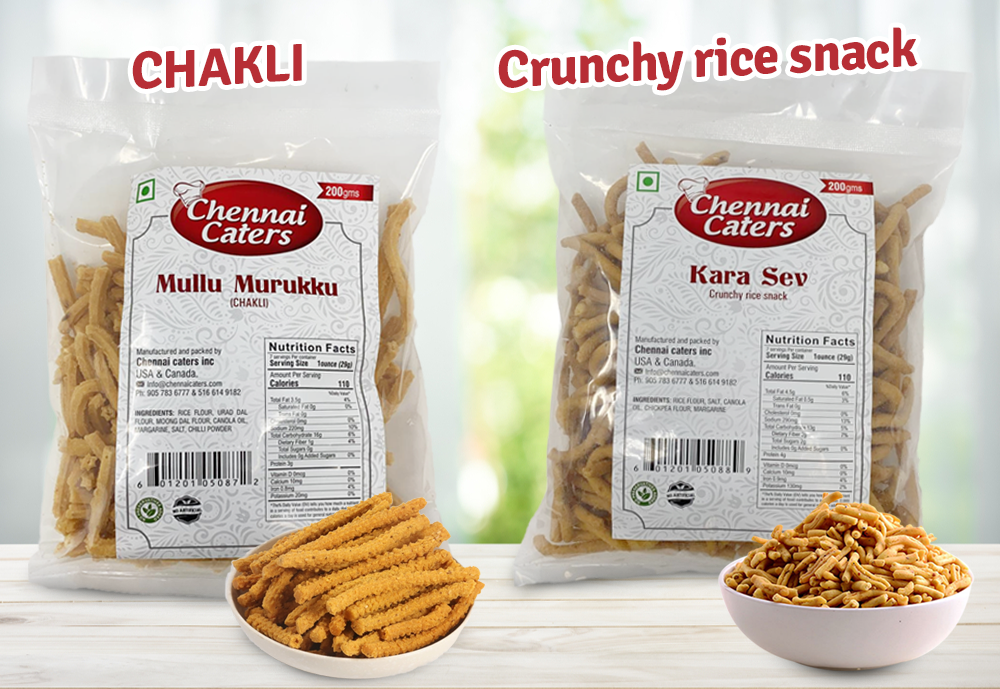 Snacks Chennai Caters: Kara Sev: Crunchy rice snack / Masala Peanuts: Peanuts covered with spices / Madras Mixture: Spicy treats and Chatpata Namkeen / Mullu Murukku (CHAKLI) | Each bag (200g) - SANI-LLC