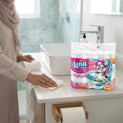 Lana 3-Ply Toilet Paper 24-count soft compressed rolls, showing stacked, white, multi-ply bathroom tissue rolls.