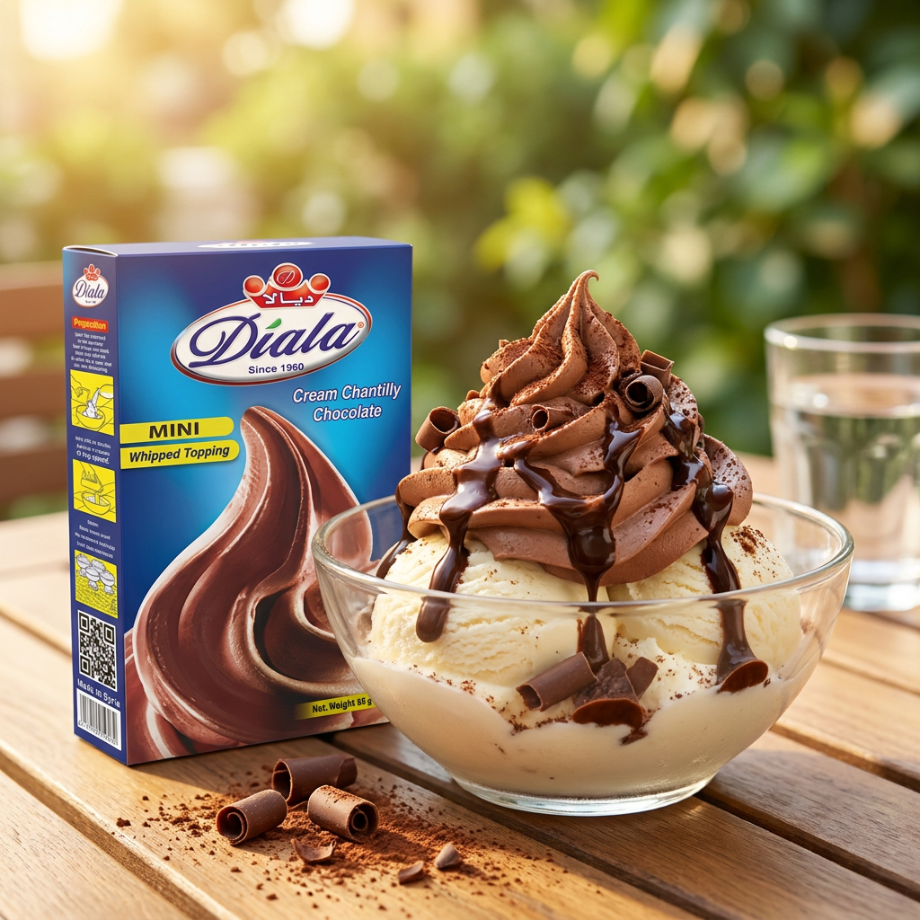 Diala Chocolate Whipped Topping 65g mini cream chantilly mix in a sealed packet with chocolate flavor branding.