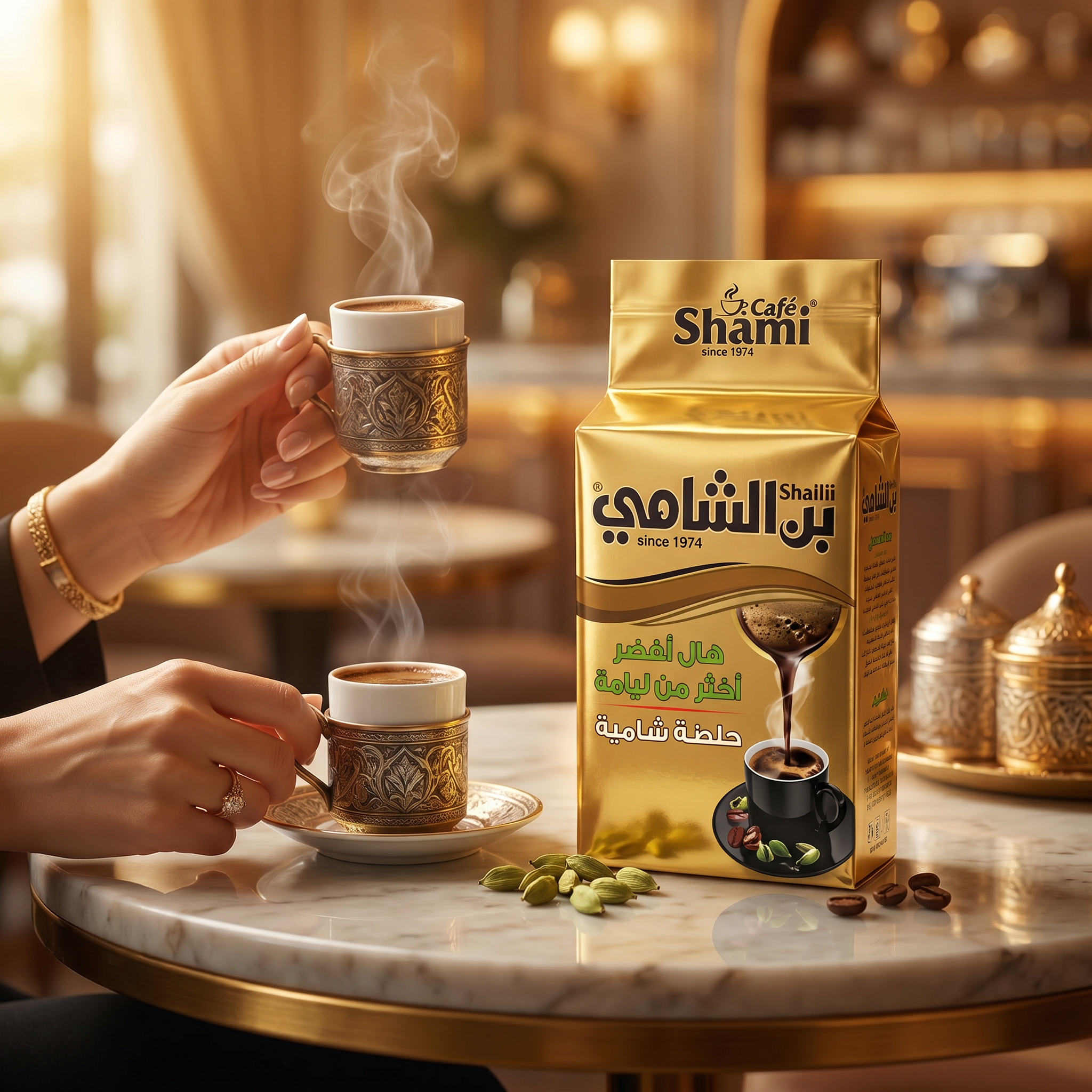Shami Cafe Café Shami Turkish Coffee with Green Cardamom, showing a traditional Turkish coffee cup and coffee beans