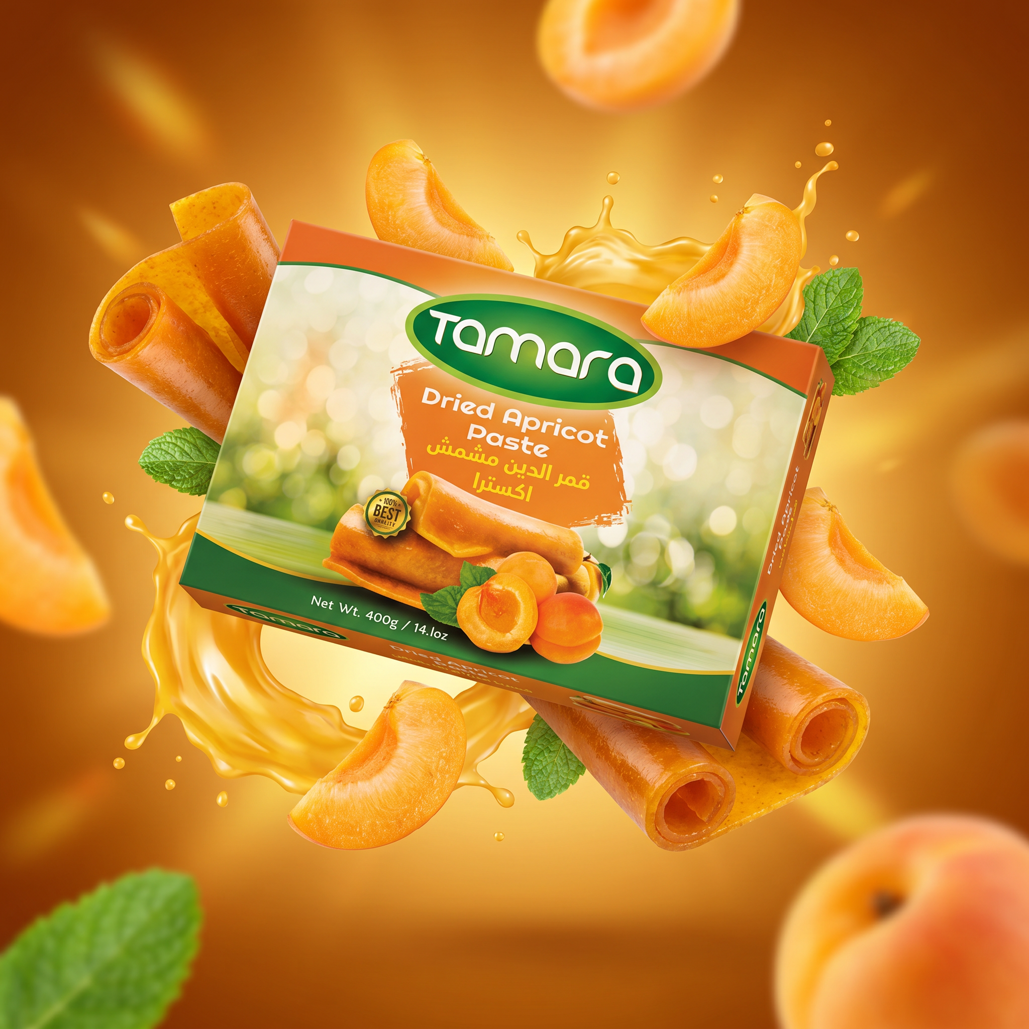 Tamara dried apricot paste and fruit leather sheet in 400g packaging, showing vibrant apricot color and textured surface.