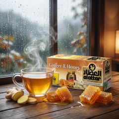 AlAttar Ginger and Honey Tea box with 20 tea bags, natural blend for daily wellness, featuring ginger and honey flavor.