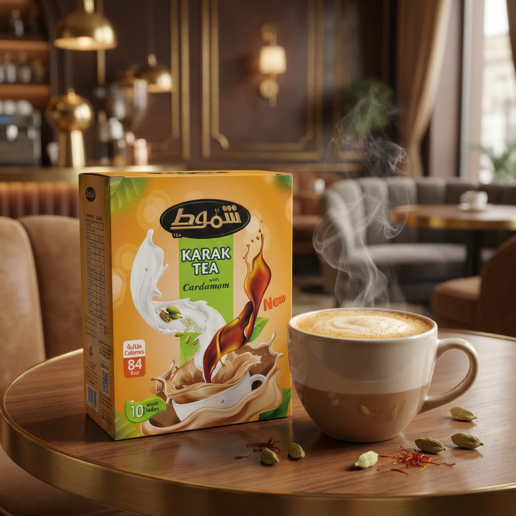 Shammout Karak tea sticks with cardamom and instant milk tea, two packs of 10 sticks each, ready for brewing aromatic tea.