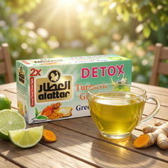 AlAttar Detox Turmeric Ginger Green Tea box with 20 tea bags and vibrant green packaging, showcasing natural ingredients and intense flavor