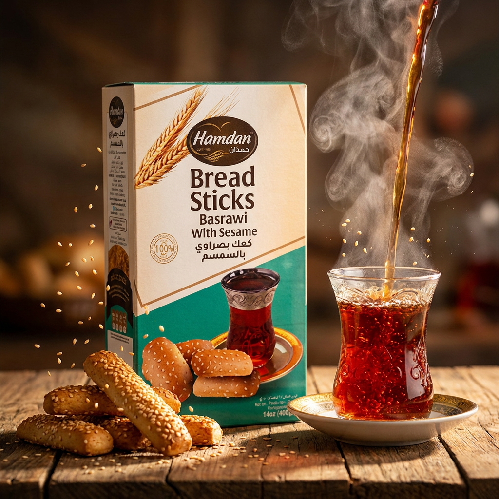 Hamdan Basrawi sesame breadsticks in a 400g package, showcasing crunchy, traditional Middle Eastern tea snack with sesame seeds.