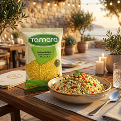 Tamara Yellow Bulgur Extra Coarse #4 in 2lb bag, showing authentic whole grain bulgur with coarse yellow grains.