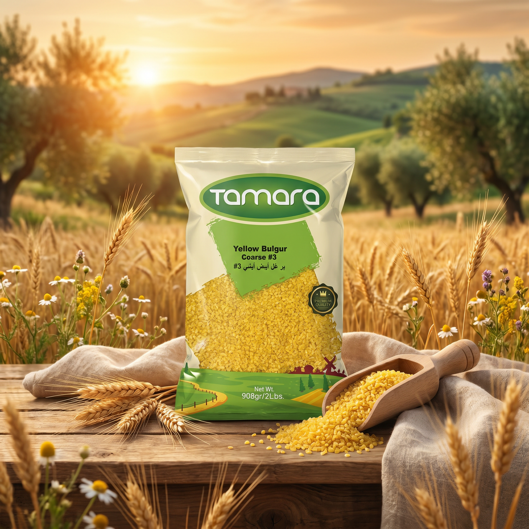 Tamara Yellow Bulgur Coarse #3 in a 2lb package, authentic Mediterranean grain, displayed in a clear container.