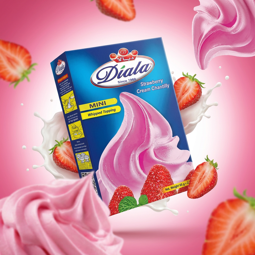 Diala Strawberry Cream Chantilly instant whipped topping in 2.3oz container, creamy pink strawberry flavor with fluffy texture.