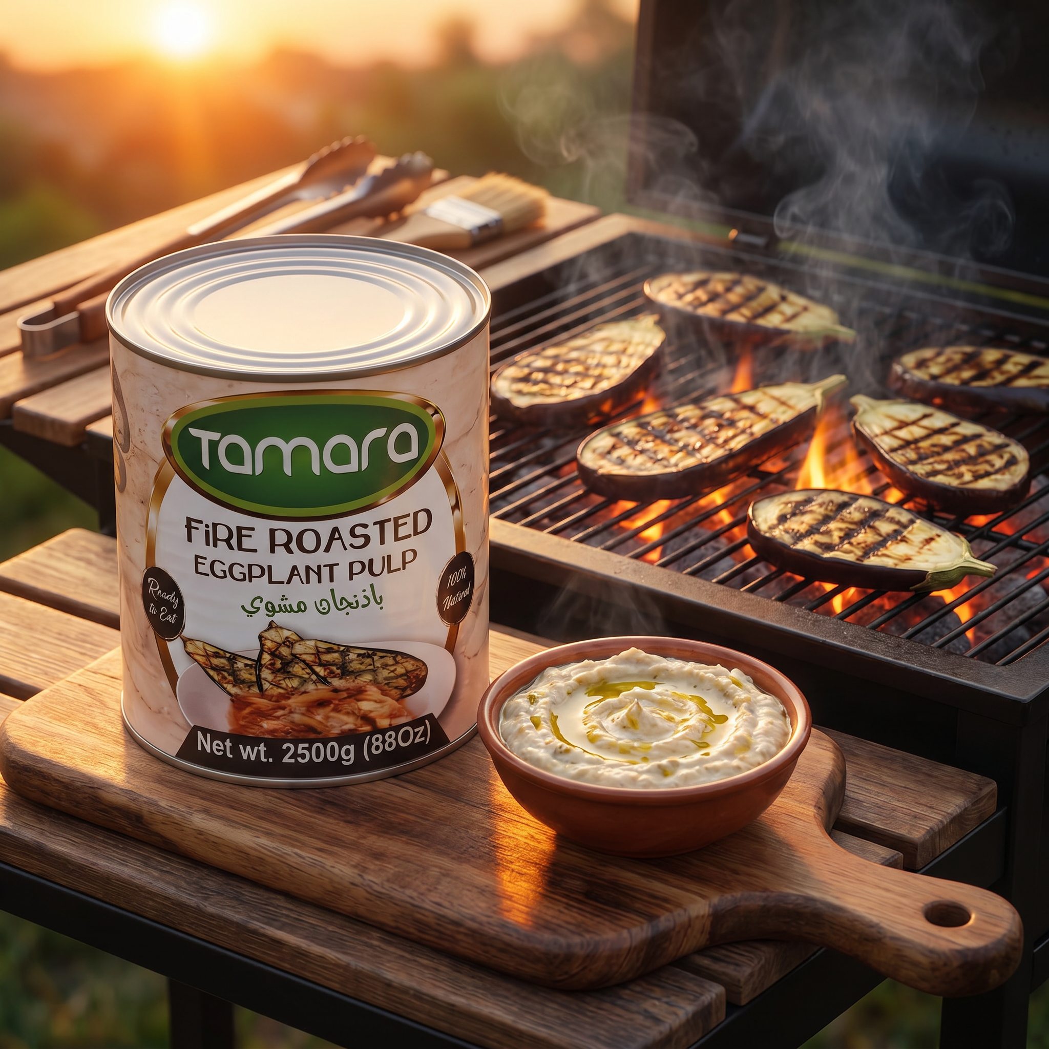 Tamara Fire Roasted Eggplant Pulp 88oz jar, natural ready-to-eat grocery product with roasted eggplant in a glass jar.