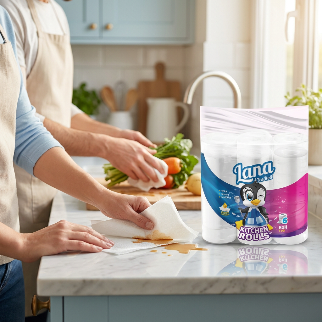 Lana Kitchen Paper Towels 6 Rolls, 3-Ply super absorbent paper towels for kitchen and home use, shown in the image.