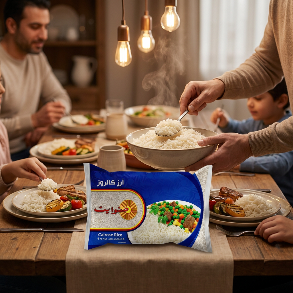 Sunwhite Calrose rice 4kg medium grain for sushi and daily cooking, showing a close-up of white rice grains in a bowl.