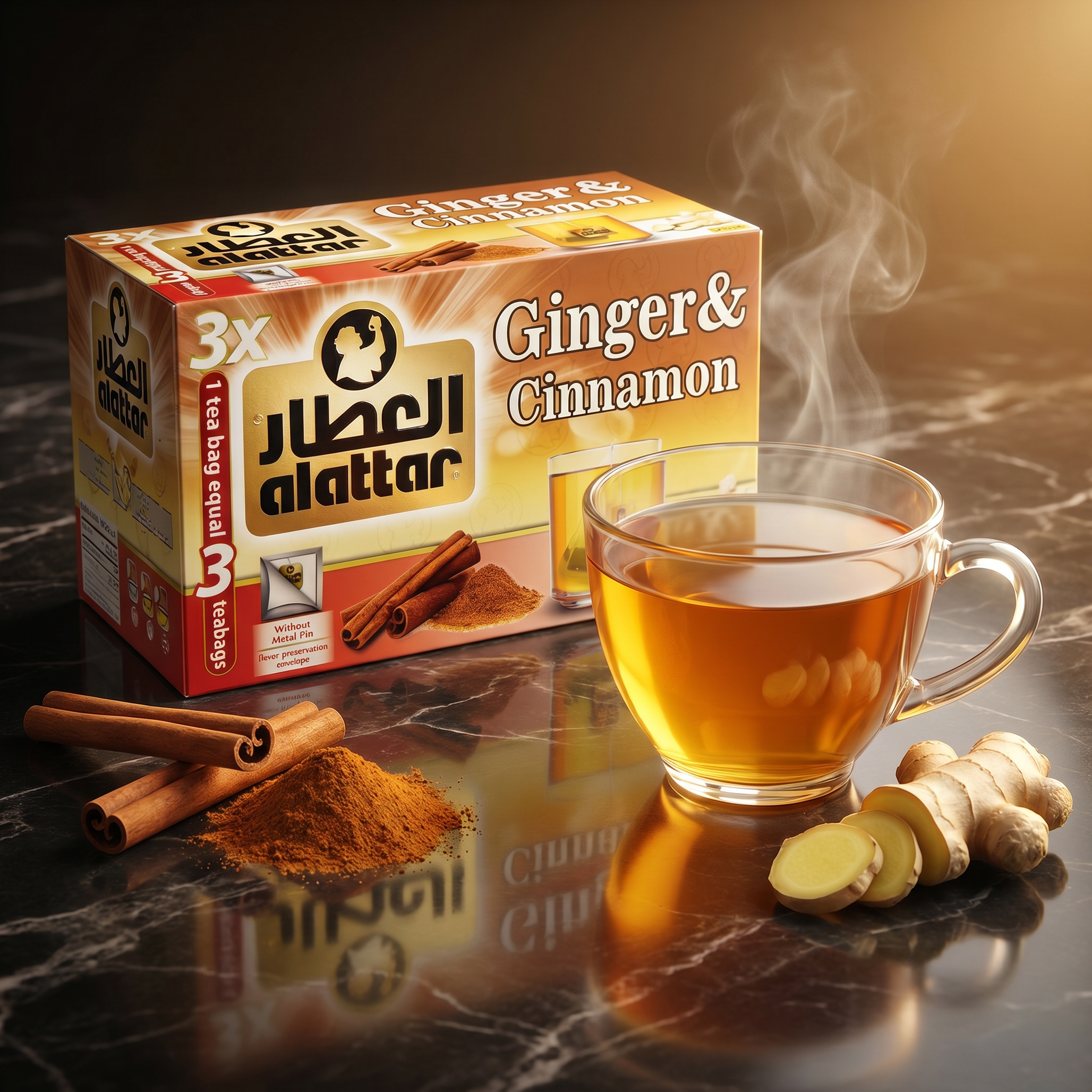 Al-Attar Ginger & Cinnamon Tea boxes with 20 tea bags each, showcasing the herbal wellness drink packaging with cinnamon sticks and ginger roots.