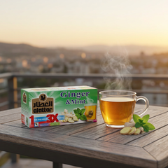 AlAttar Ginger & Mint Tea 3X concentrated herbal digestive brew, featuring fresh ginger and mint leaves in a glass jar.