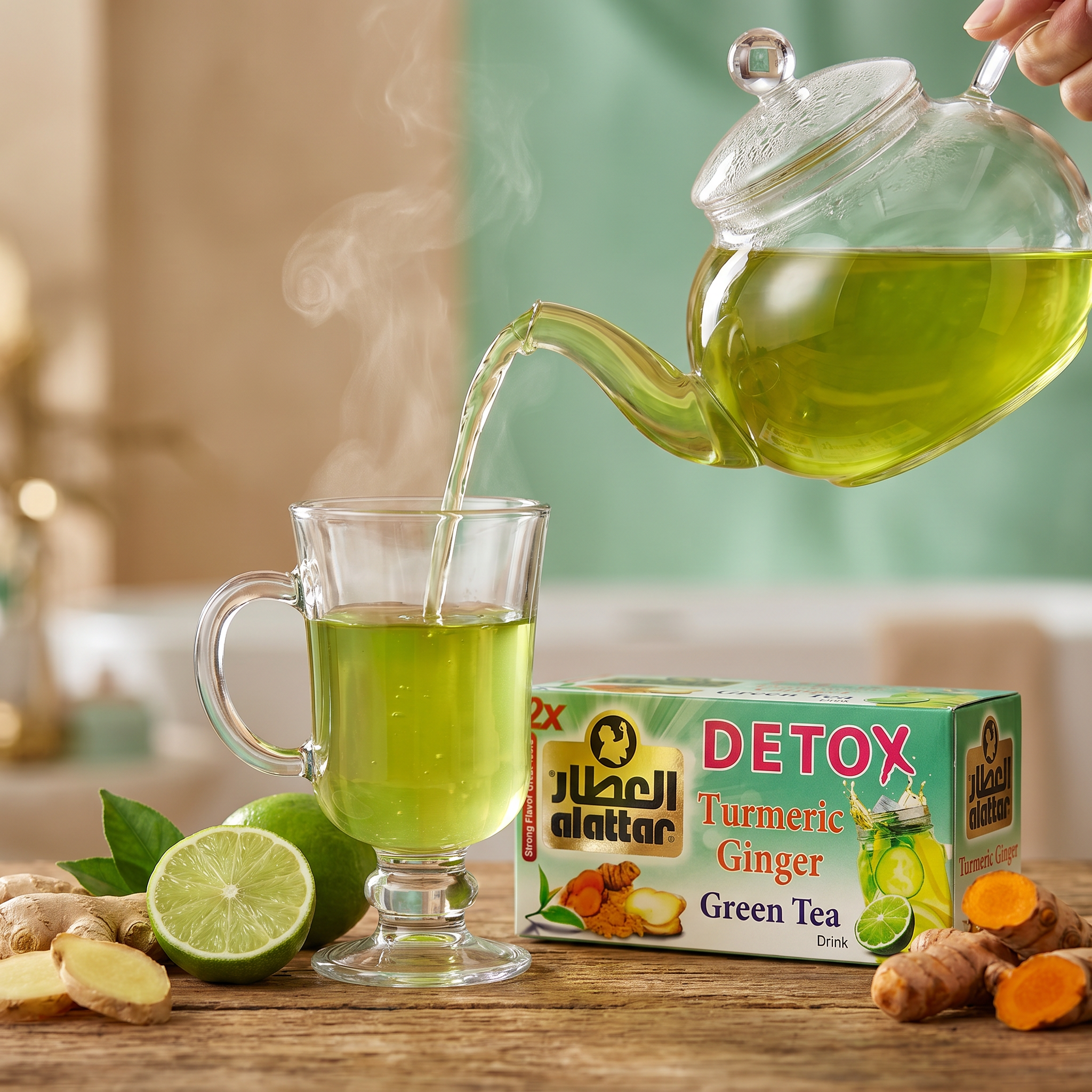 AlAttar Detox Turmeric Ginger Green Tea 20 bags, showing tea packaging with turmeric, ginger, and green tea ingredients.