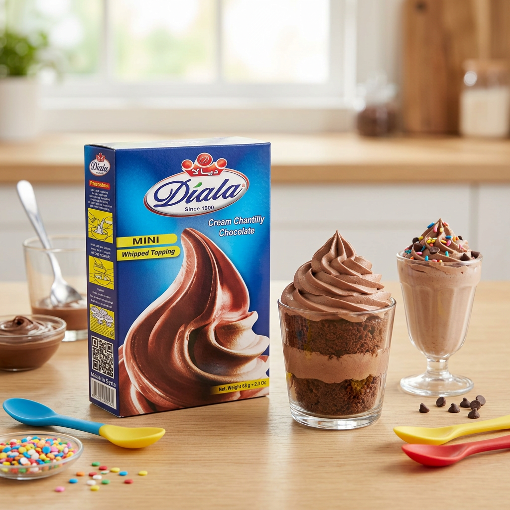 Diala Chocolate Whipped Topping 65g mini cream Chantilly mix in a pouch, ready to be whipped into fluffy chocolate topping.