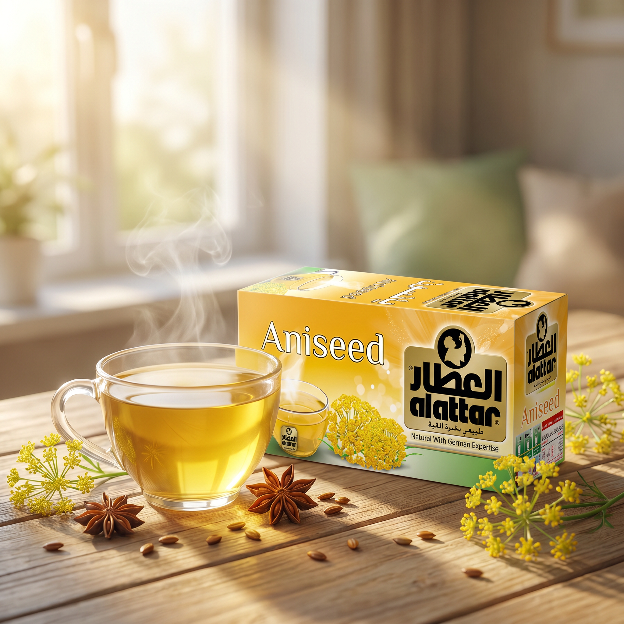 AlAttar Alattar Aniseed Herbal Tea in a glass cup with fresh herbs and aniseed, showcasing a natural relaxing herbal brew.