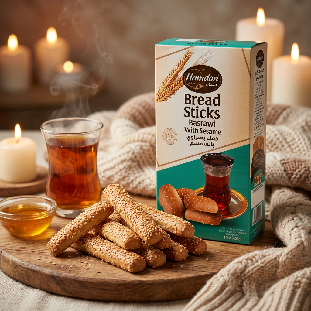 Hamdn Hamdan Basrawi Sesame Breadsticks, traditional crunchy tea snack, 400g package with golden sesame-coated breadsticks.
