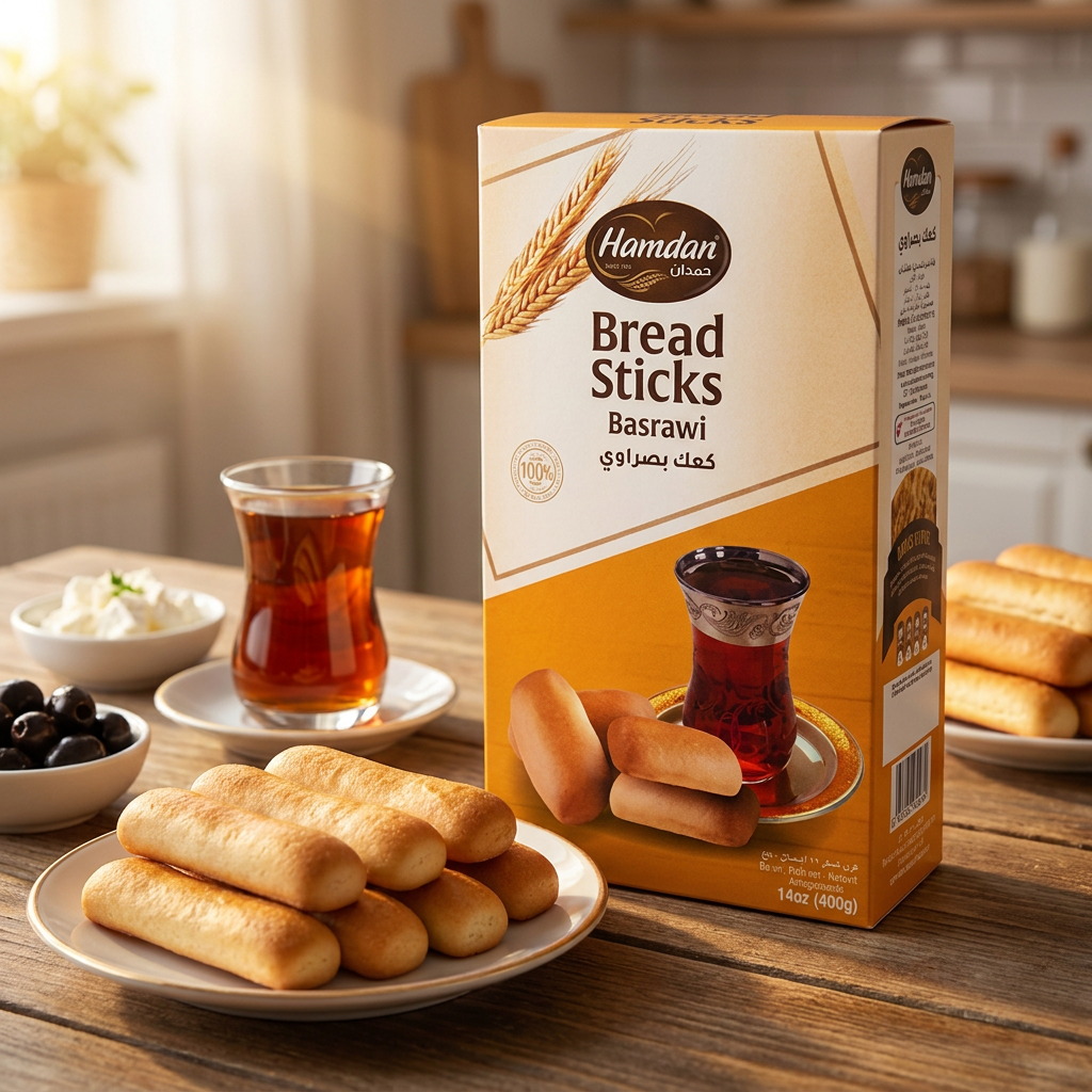 Hamdan Basrawi bread sticks, crispy Kaak for tea pairing, 14oz package, golden baked Middle Eastern snack
