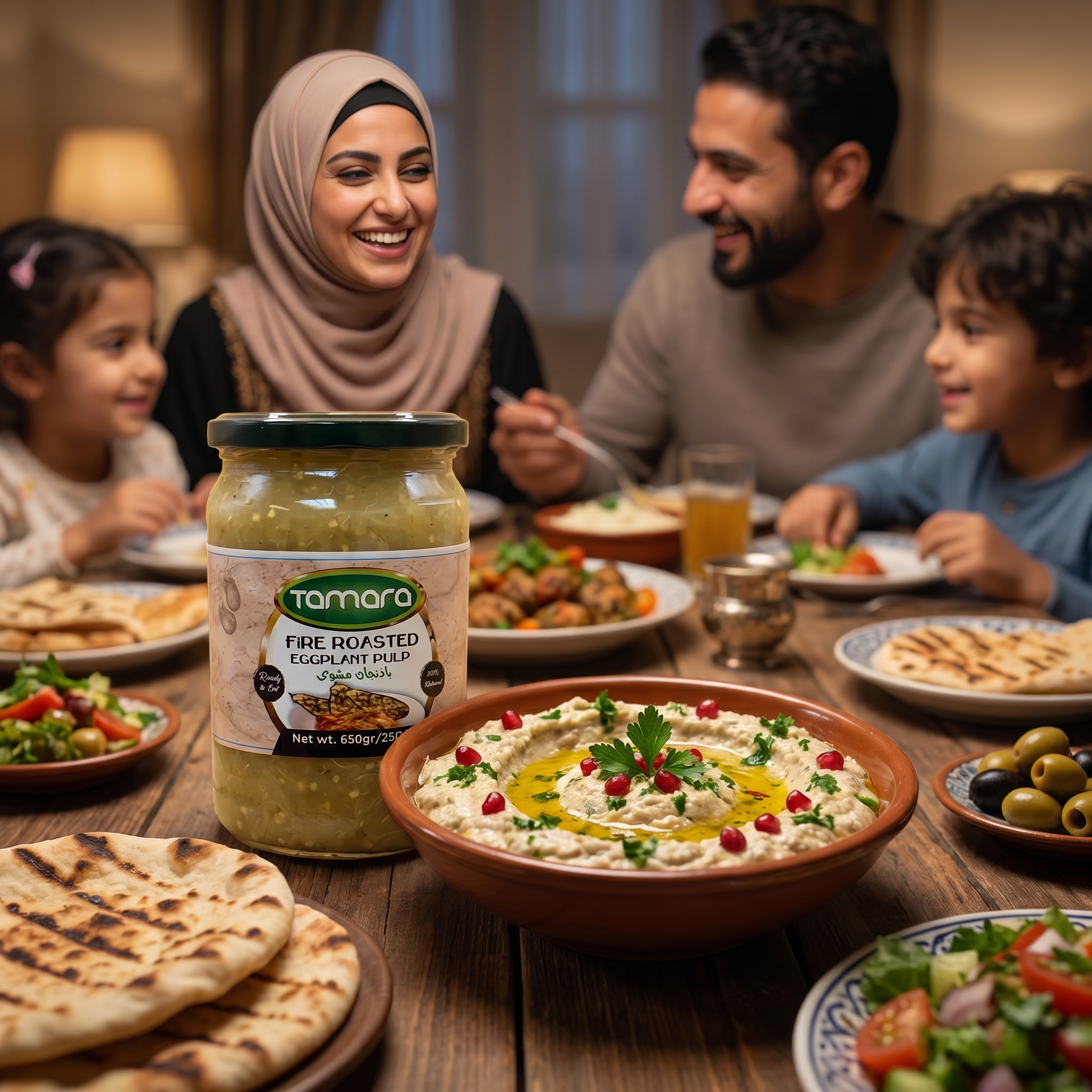 Tamara fire-roasted eggplant pulp in a jar, ready-to-eat smoked puree, 650g, for use in cooking and spreading.