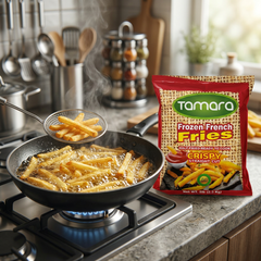 Tamara Frozen French Fries 5lb crispy straight cut for quick meals, shown in a bag with golden fries ready to cook