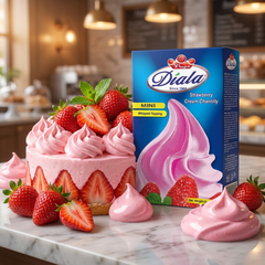Diala Strawberry Cream Chantilly instant whipped topping in a 2.3oz jar, creamy pink strawberry flavor with fluffy texture.