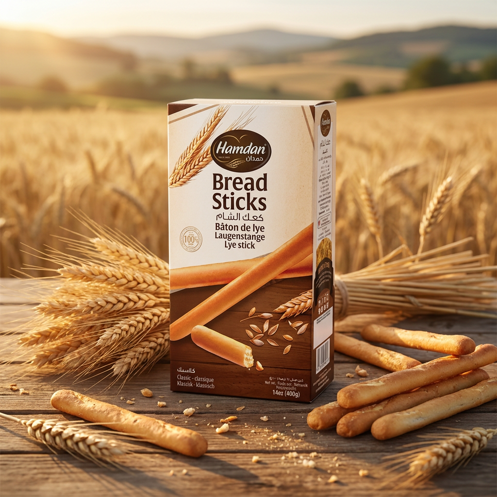 Hamdan Classic Bread Sticks 400g, crispy lye sticks ideal for dipping, arranged on a white plate with a rustic background.