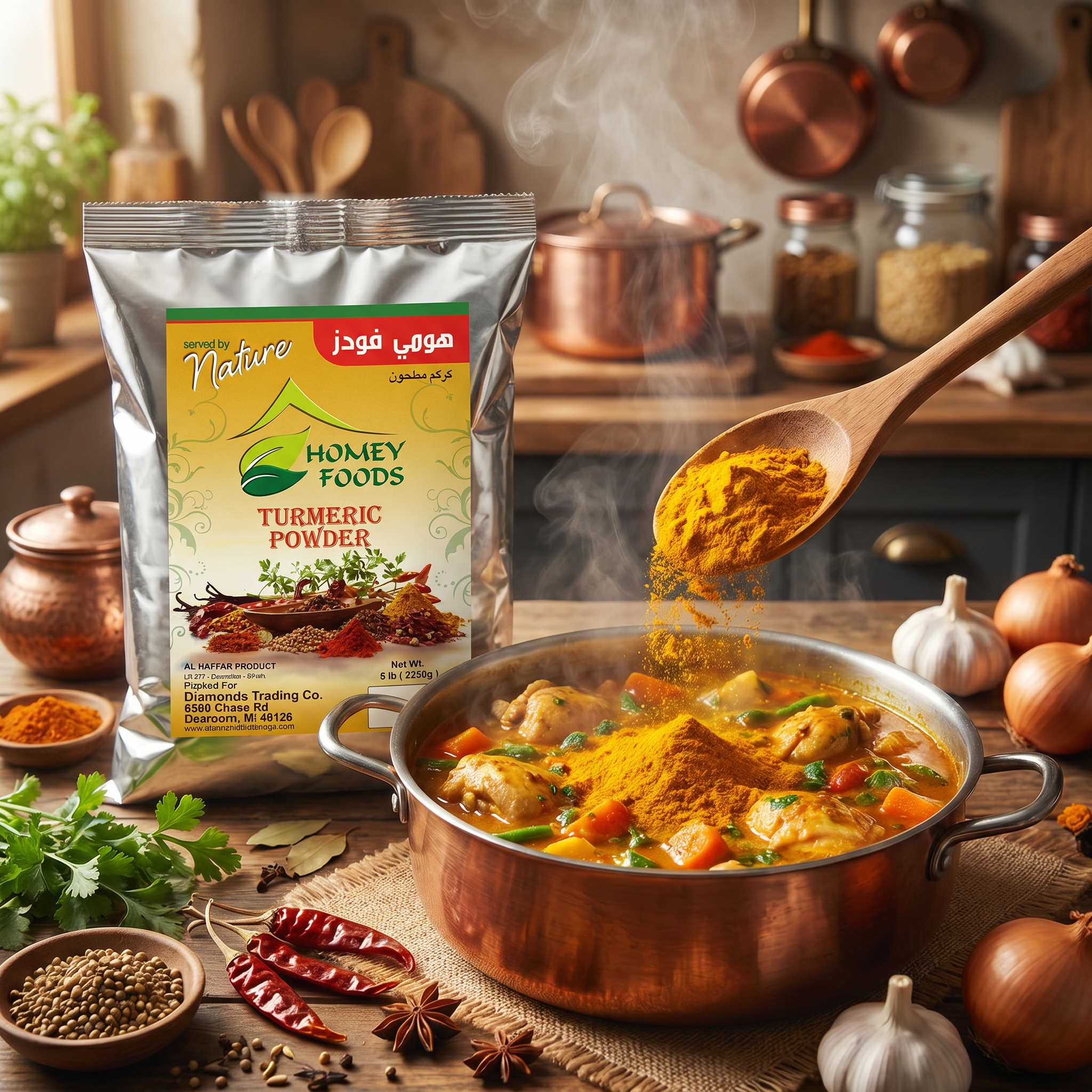 Homey Foods pure turmeric powder in a 5lb bulk package, ground turmeric root spice for cooking, seasoning, and golden milk.
