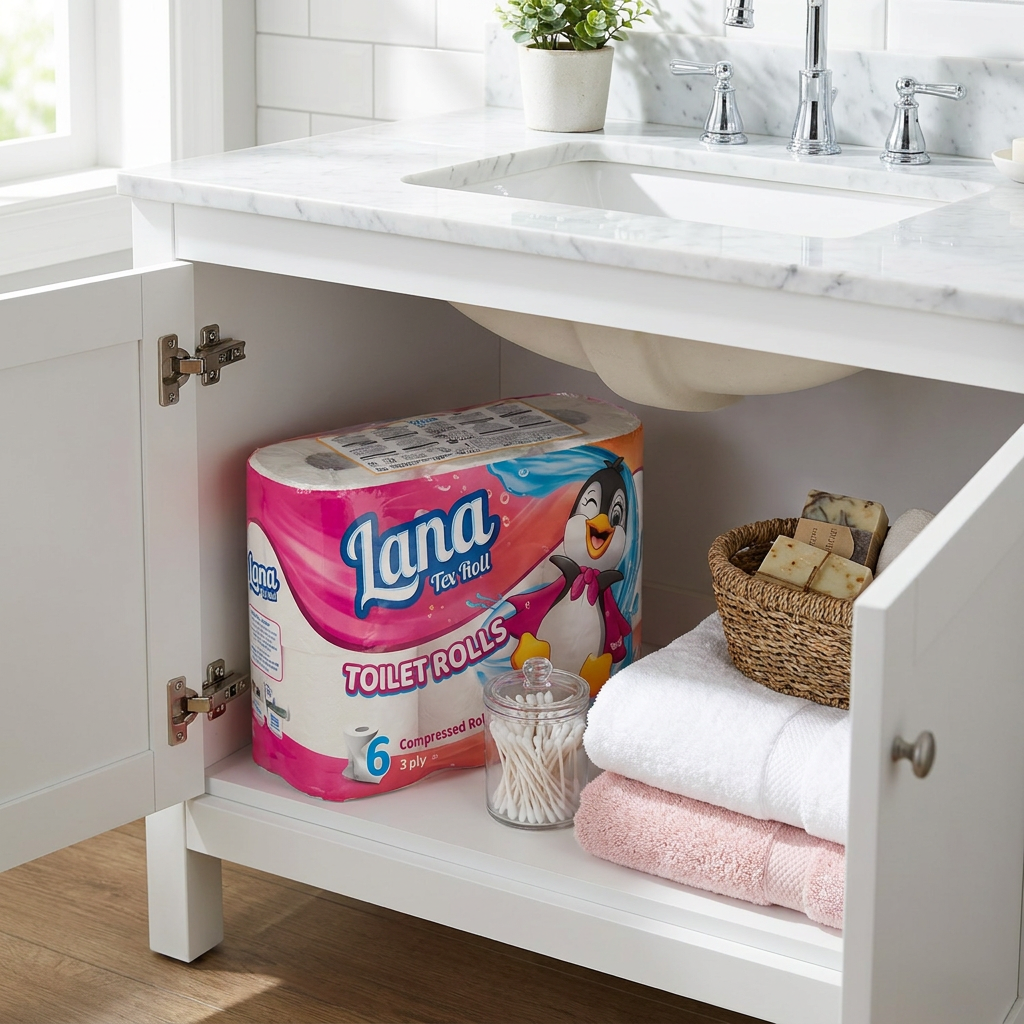 Lana Tex Roll toilet paper 6-pack, 3-ply compressed bathroom tissue, shown in a home setting with rolled sheets and packaging.