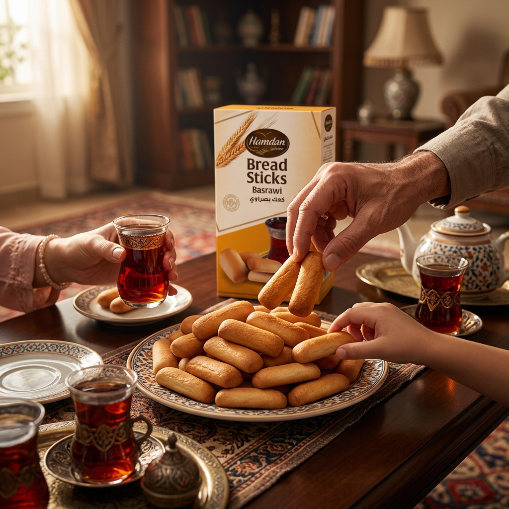 Hamdan Basrawi bread sticks, crispy Kaak for tea pairing, 14oz, featuring golden-brown baked snack with sesame seeds.
