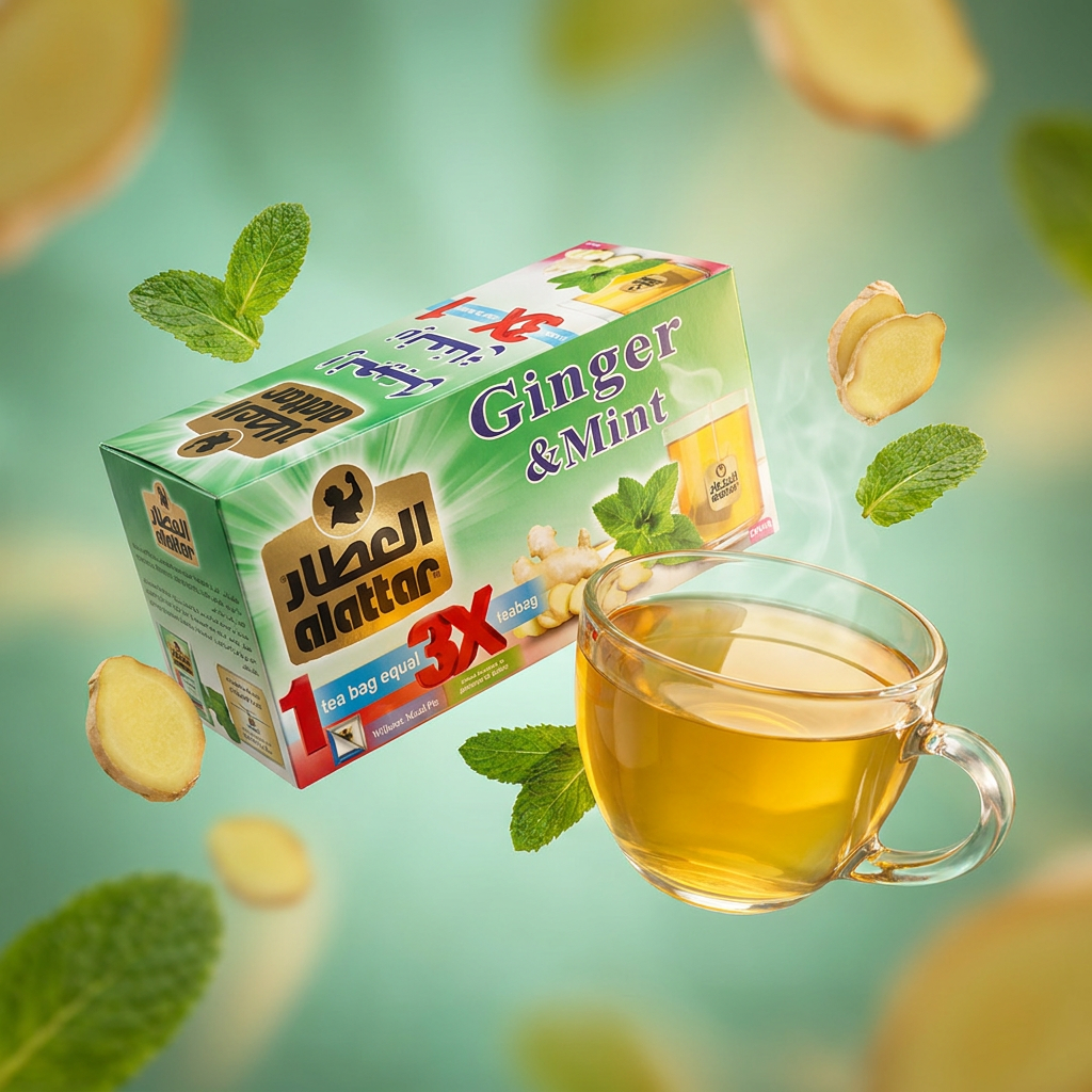 AlAttar Ginger & Mint Tea concentrated herbal brew in a bottle, featuring fresh ginger and mint leaves for digestive health.