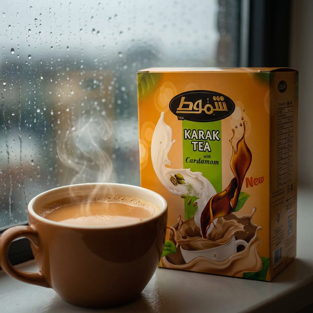 Shammout Karak Tea sticks with cardamom and instant milk tea powder in a colorful box, ready for brewing flavorful tea.