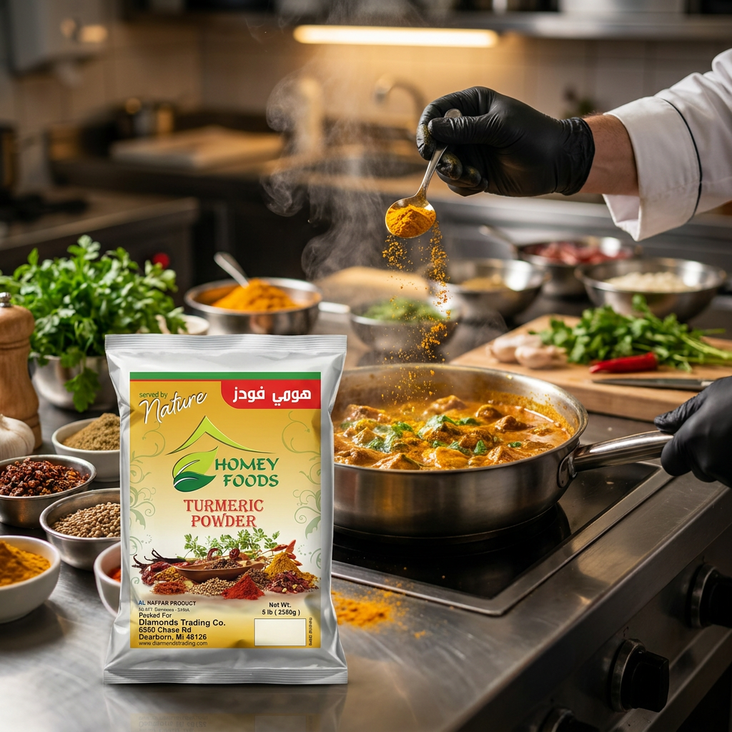 Homey Foods pure turmeric powder in 5lb bulk package, ground curcumin spice for cooking, seasoning, and golden milk.