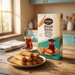 Hamdan Basrawi sesame breadsticks, 400g traditional crunchy tea snack, showing golden sesame-coated breadsticks on a white background.