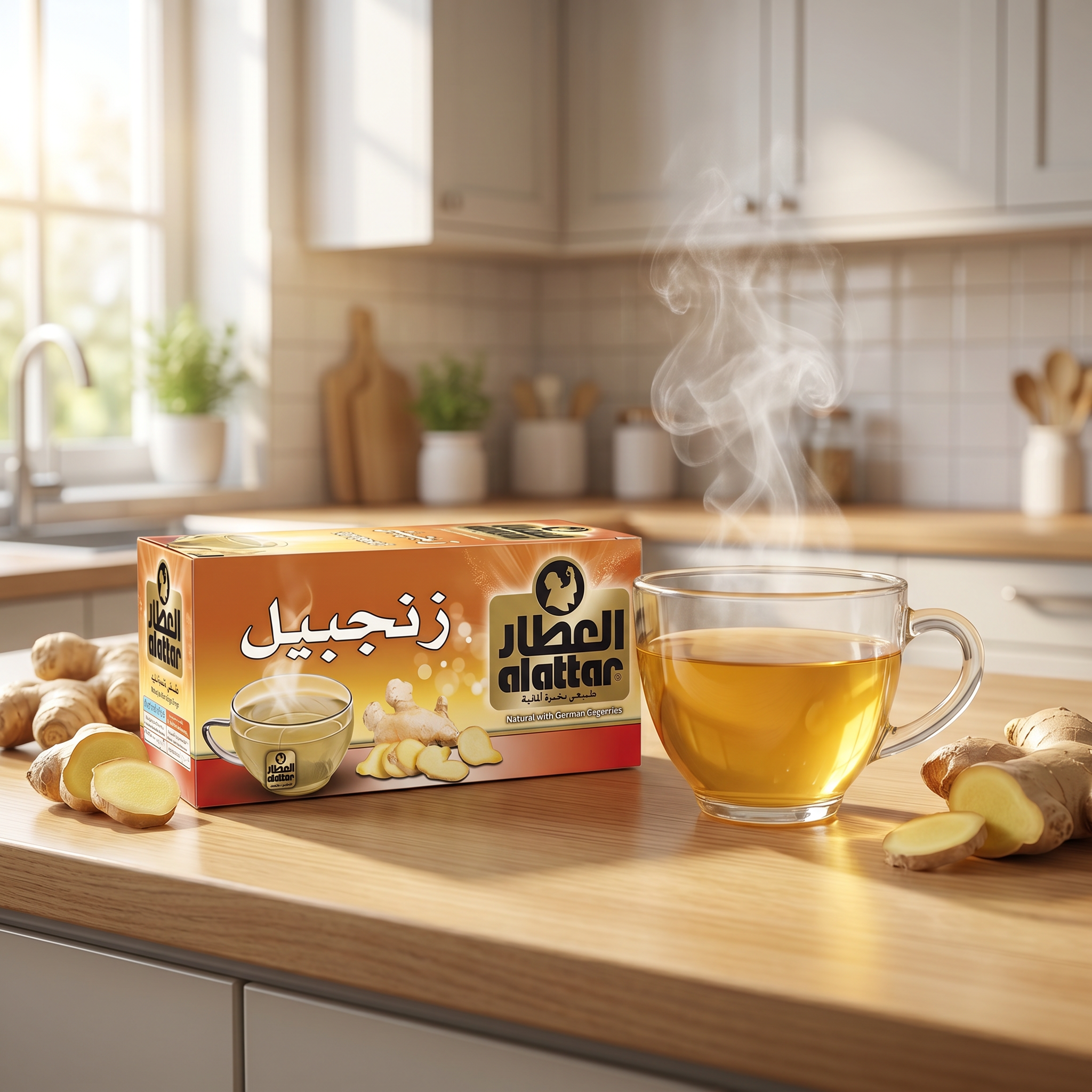 AlAttar Ginger Herbal Tea 20-bag box with tea bags, natural wellness drink featuring fresh ginger flavor.