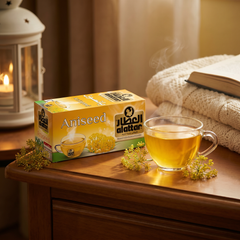 AlAttar Alattar Aniseed Herbal Tea in a clear glass cup, showcasing the aromatic herbal brew with aniseed particles.