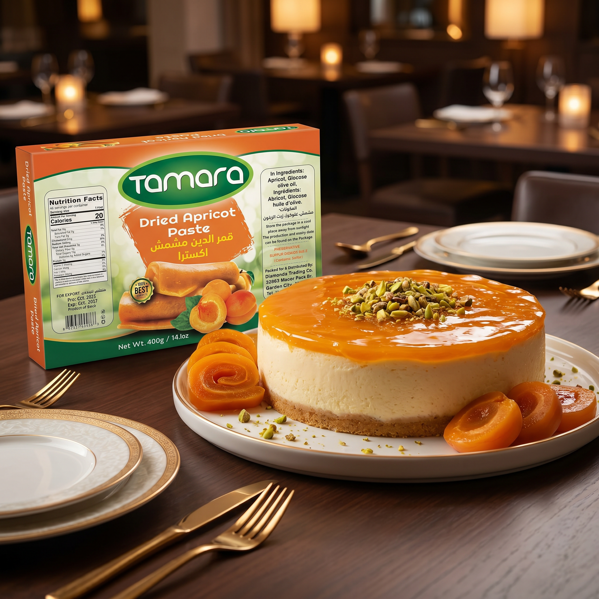 Tamara dried apricot paste in 400g package, Qamar al-Din fruit leather sheet, showing the apricot paste and fruit leather texture.