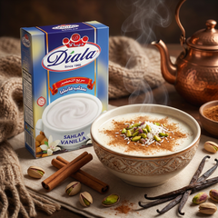 Diala Sahlap Vanilla Orchid Pudding Mix box showing traditional dessert packaging with vanilla and orchid flavor branding